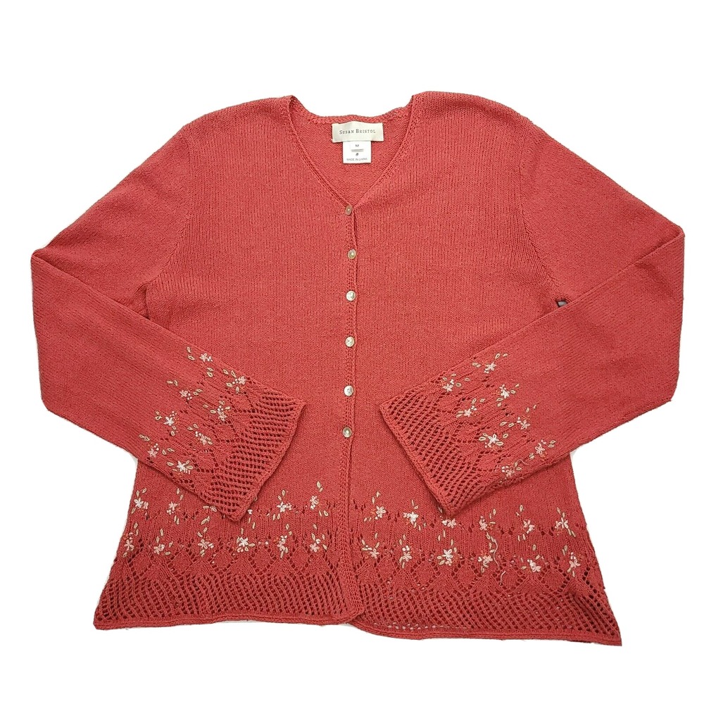 Vintage Cardigan M Embroidered Silk Cotton Open‎ Knit Rose Cottagecore Prairie